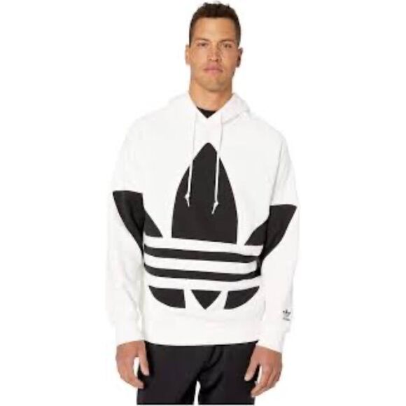 Adidas Black White Big Logo Hoodie Sweatshirt Trefoil Large Cotton - Picture 8 of 11